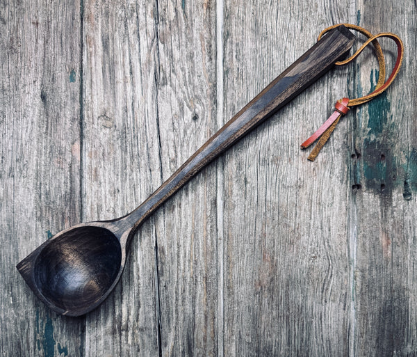 OP311  Ebonised Cherry Pot Scraper Cooking Spoon with Leather Thong