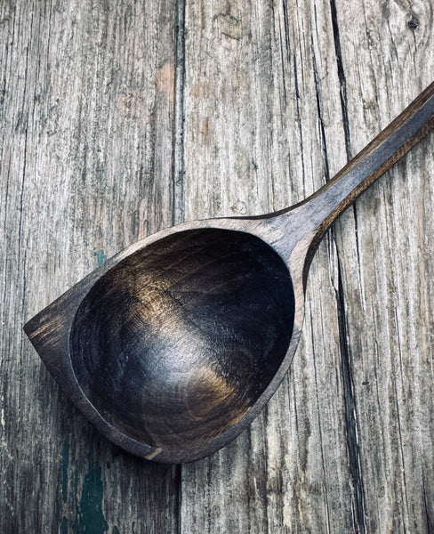 OP311  Ebonised Cherry Pot Scraper Cooking Spoon with Leather Thong