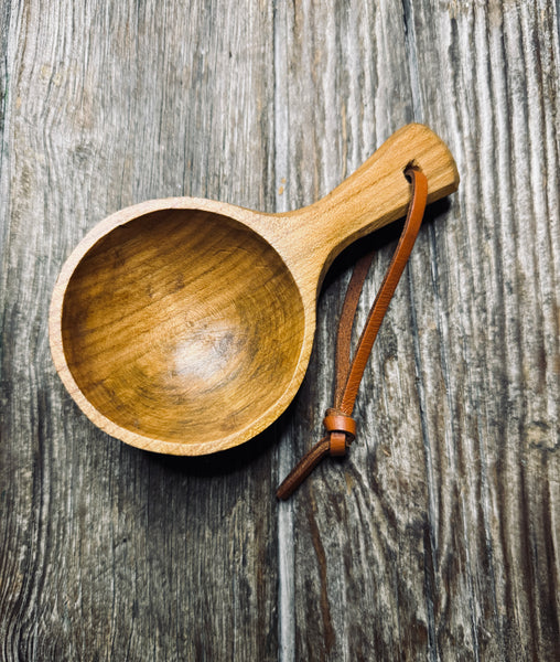 OP208 Large Cherry Wood Scoop with Leather Thong