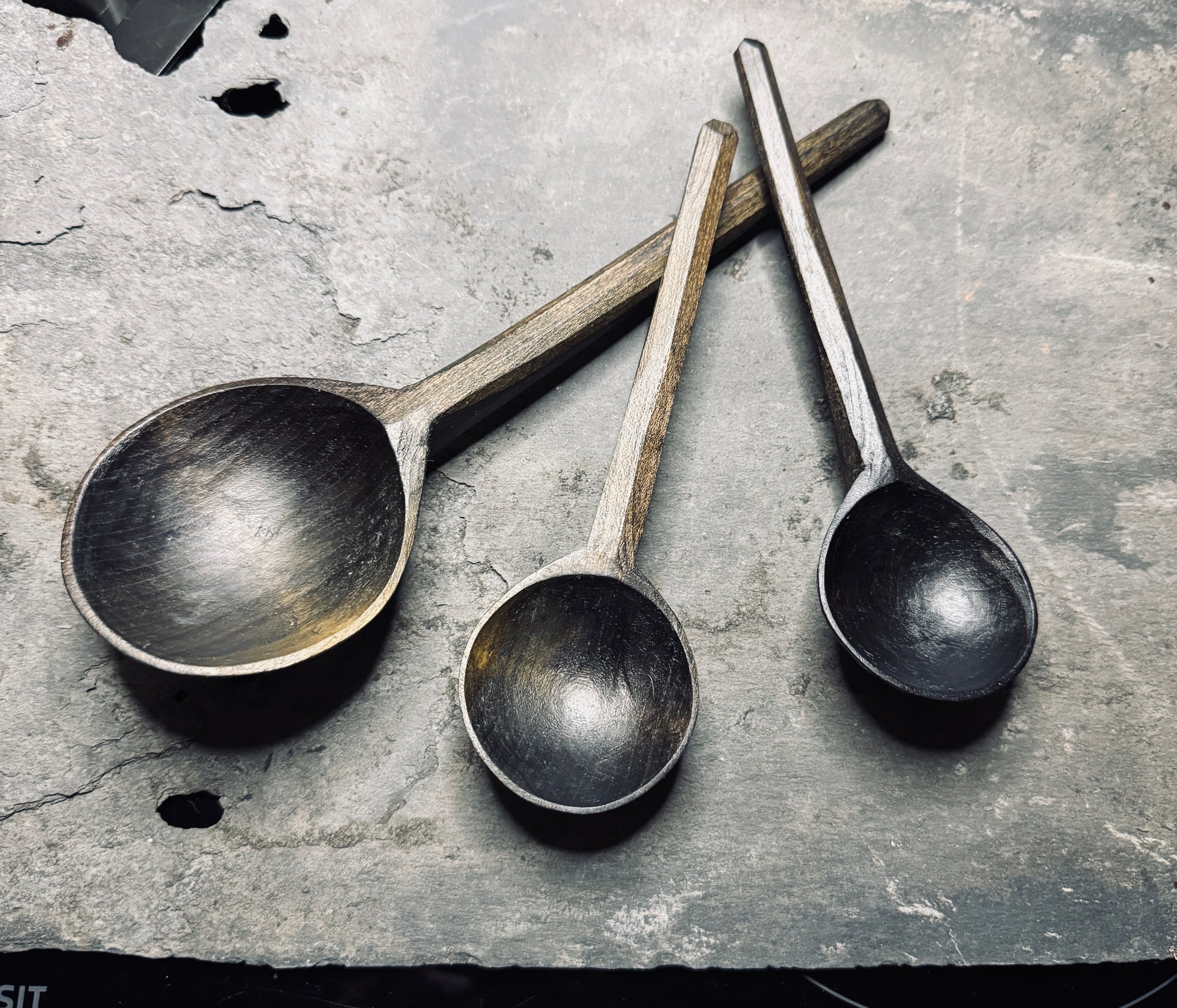 OP211 Set of 3 Ebonised Cherry Wood Ramen Spoons